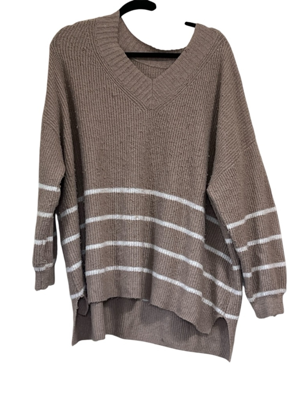 Cozy Oversized V-Neck Striped Sweater - Taupe/White